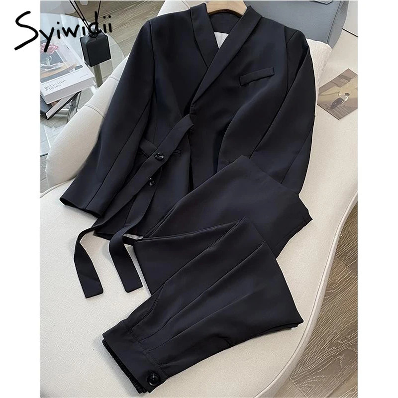 Syiwidii Elegant Suit Set Women Chic Asymmetrical Lace Up Blazer Straight Pants Temperament Commuting 2 Piece Woman Clothes 241031
