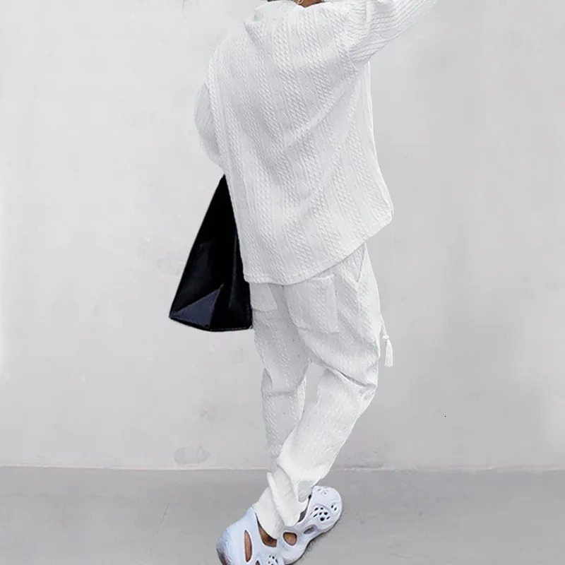 Male Beach Set Quick Dry Hawaiian Casual Pants Vneck All Matching Jacquard Knit Mens Suit Solid Color LongSleeved TopPants 241031