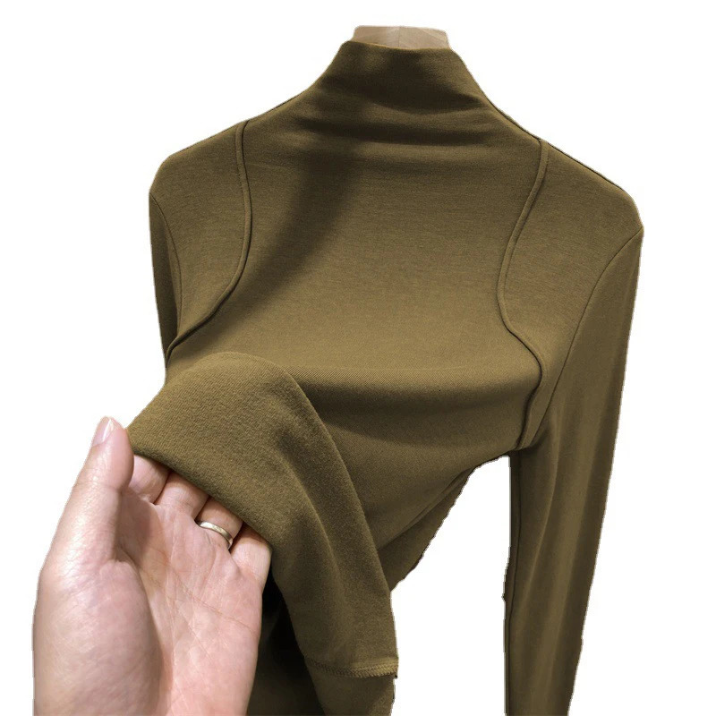 European high neck womens autumn and winter plush long sleeved ultra-thin fashionable warm wool top 241031