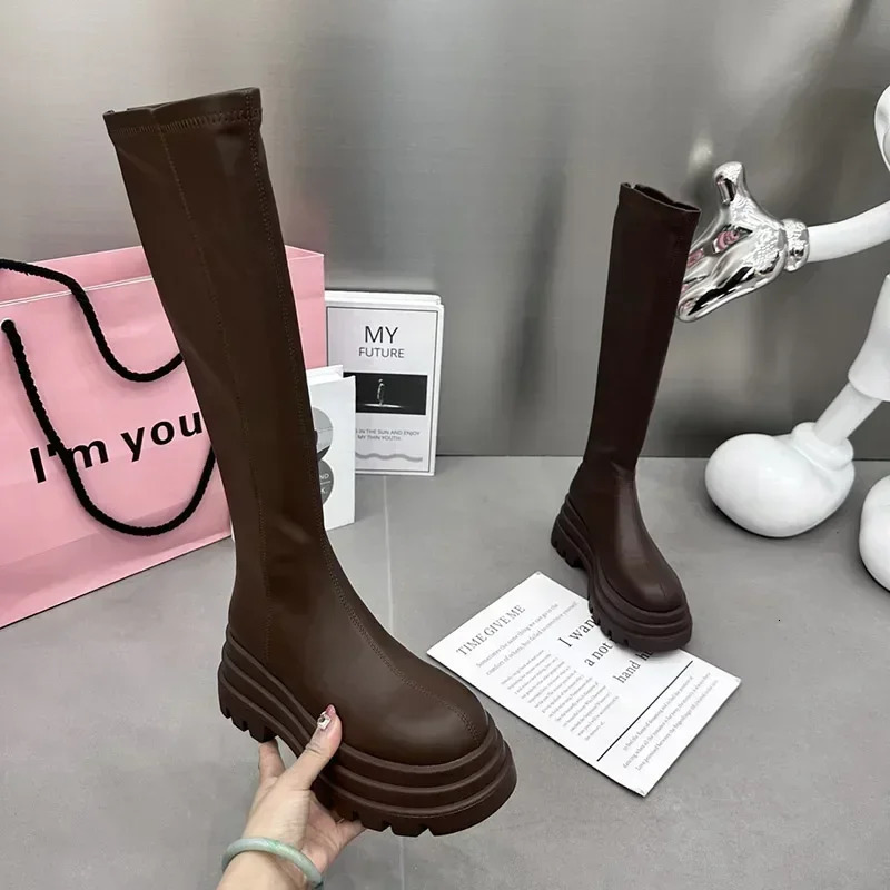 Winter Women Knight High Boots Fashion Back Zippers Ladies Elegant Platform Flats Long Booties Short Plush Womens Footwear 241031