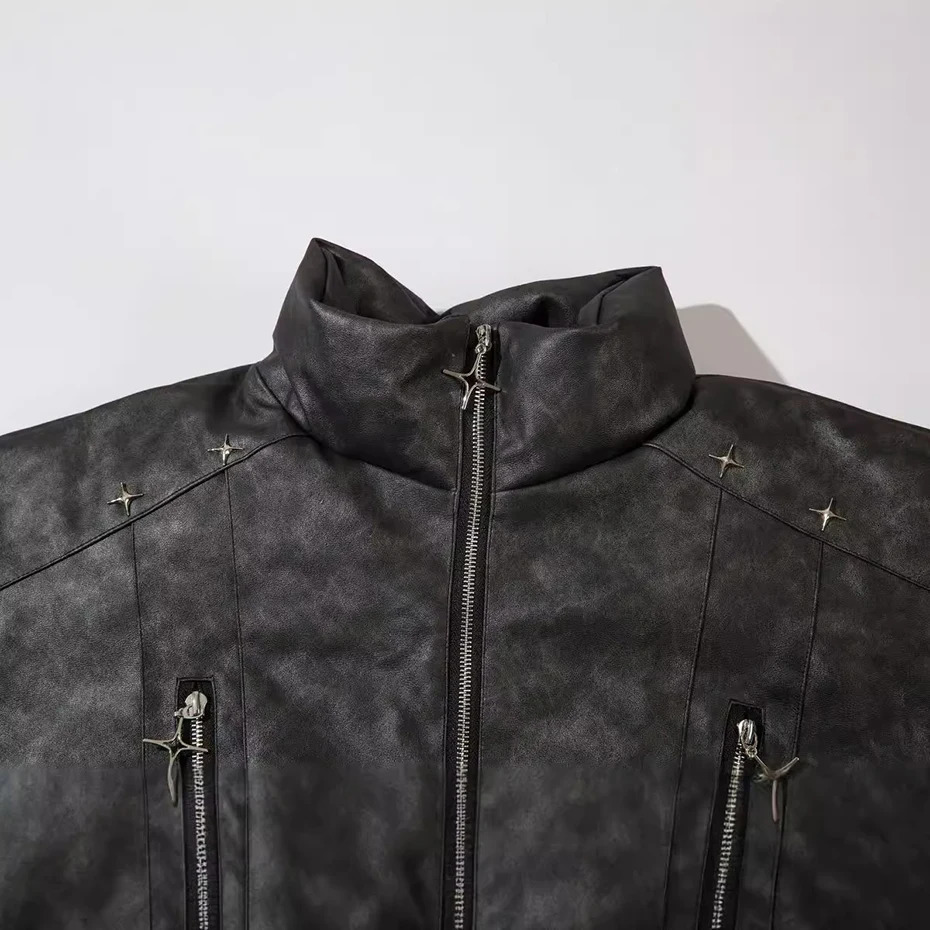 Padded Leather Jacket Winter Thicken Warm Parkas Bubble Coat 2024 Mens Vintage Black Loose Puffer Jackets 241031