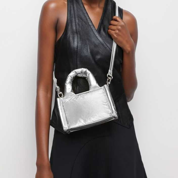 design with cotton clip, single shoulder crossbody bag, women's shiny silver nylon small square bag, lightweight stylish small size handbag 24101