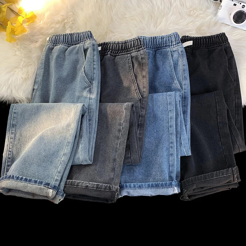 Autumn Jeans Mens Baggy Straight Drawstring Elastic Waist Personality Fashion Vintage Denim Trousers Streetwear 3XL 241024