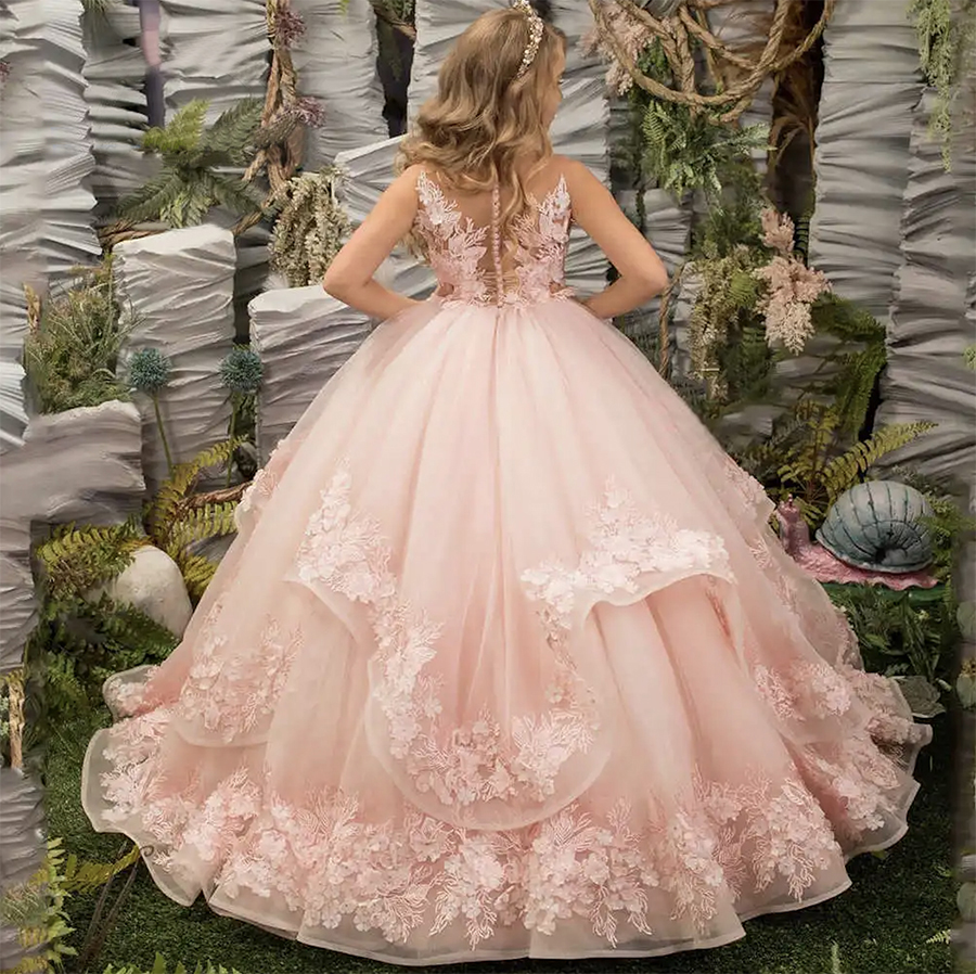 Pink Floral Lace Flower Dresses Fluffy Princess Tiered Pageant Kids Birthday Ball Gown Child Girl Evening Dress 0509