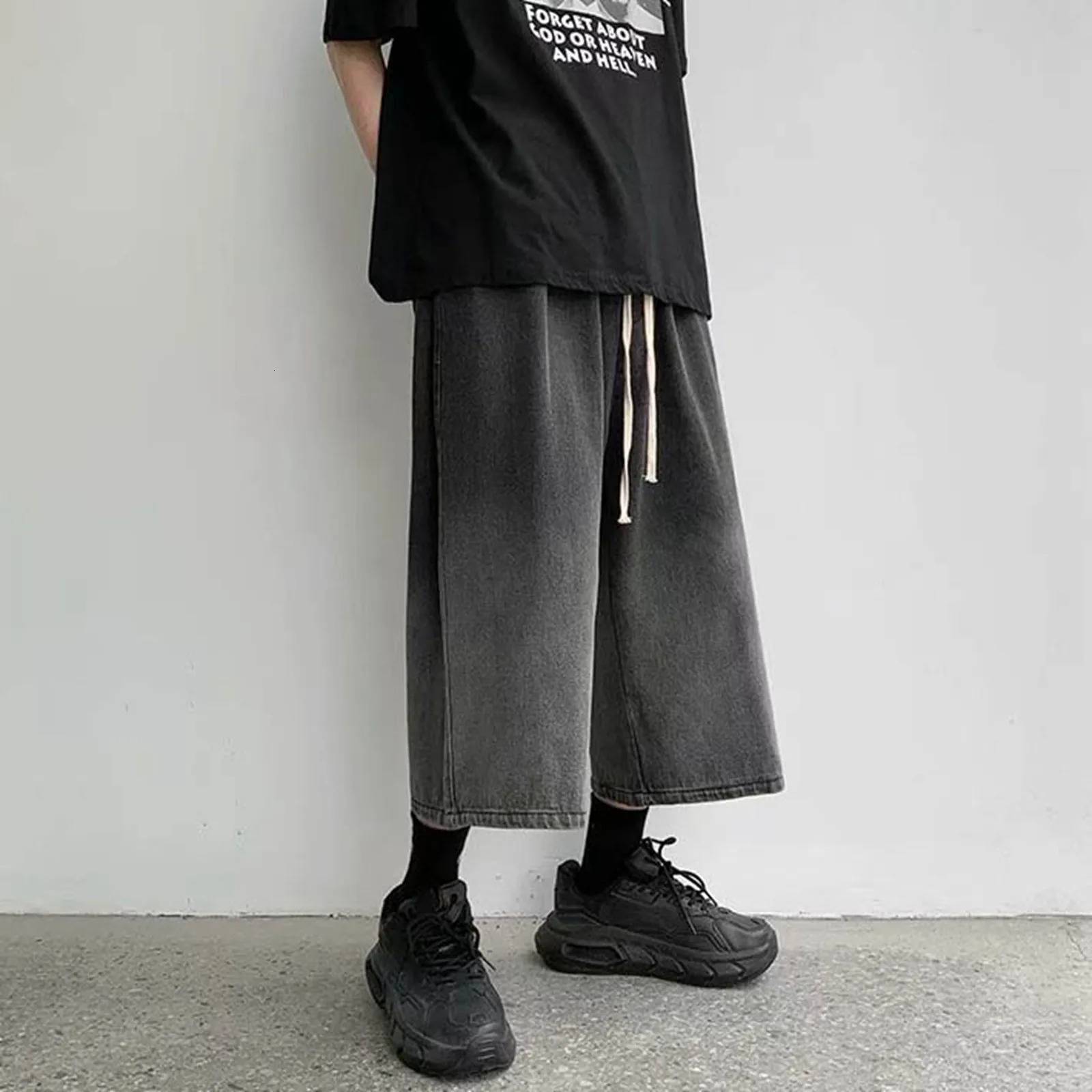 2024 Summer Mens Denim Shorts Casual Elastic Waist Wide Leg Drawstring Baggy Jeans Male 241024