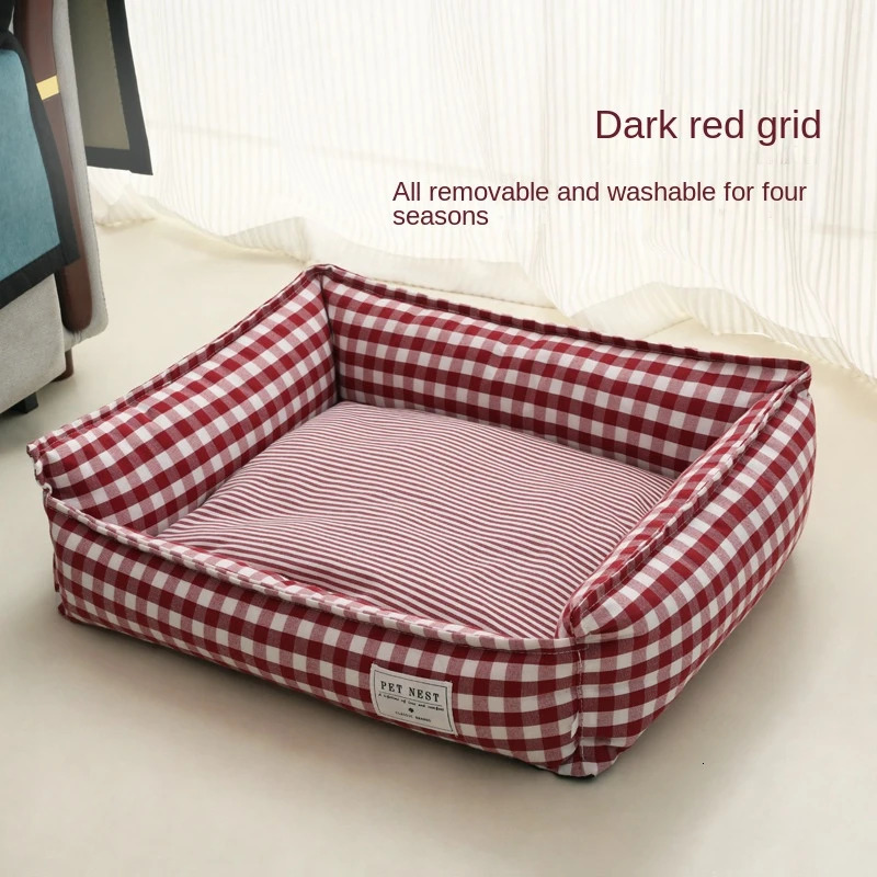 Bed for Dog Cat Pet Square Lattice Kennel Medium Small Sofa Cushion Calming House Supplies Accessories 240328