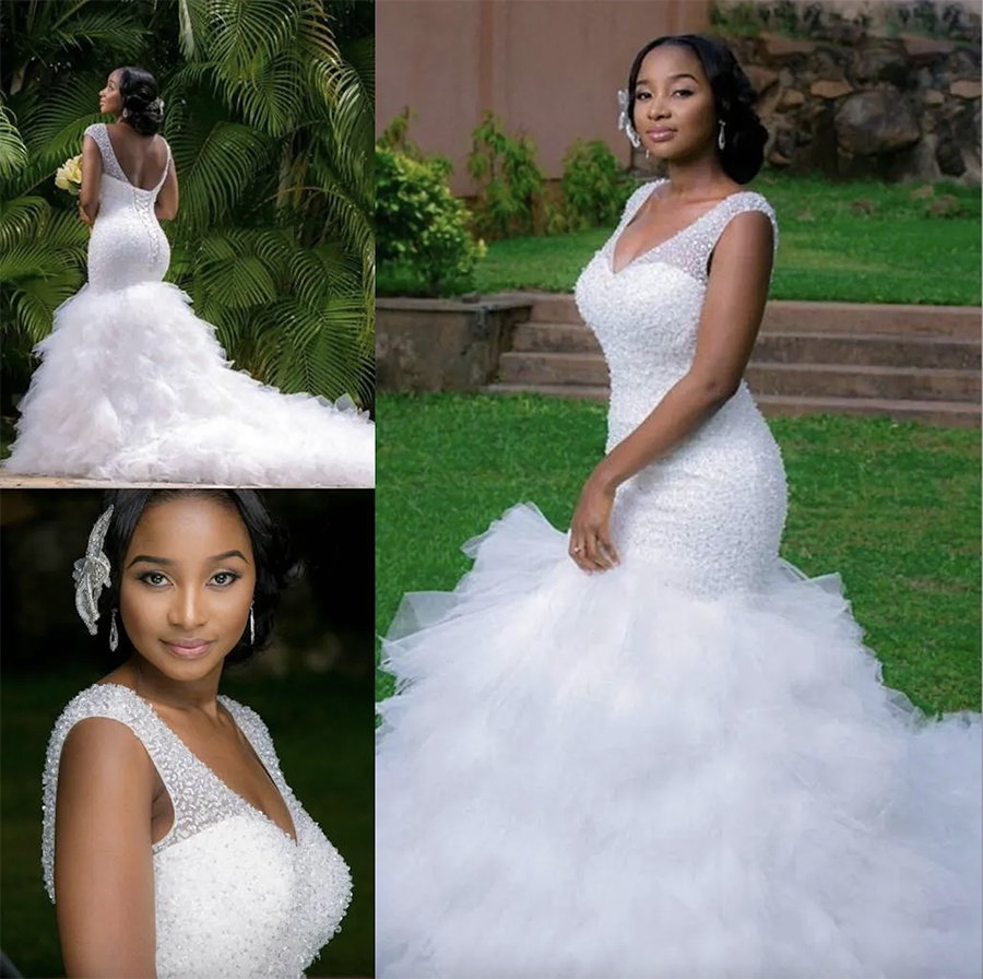 Vintage Plus Size Mermaid Wedding Dresses Beading Sheer Deep V Neck Backless Corset Ruffles Tulle 2024 Spring Garden Wedding Bridal Gowns