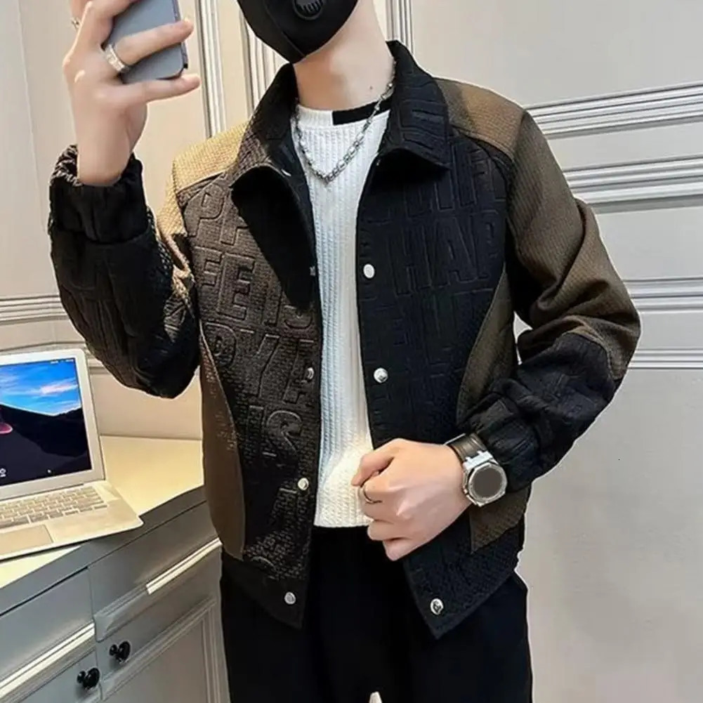 Men Lapel Long Sleeve Jacket Coat Hip Hop Style Windproof n ColorBlocked with 3D Letter Pattern 241024
