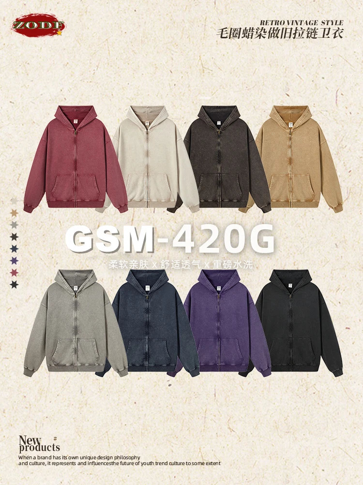 ZODF Retro Autumn Batik Washed Zipper Hoodie For Men Unisex Oversized Distressed 420gsm Terry 100% Cotton Hooded Coats HY0936 241031