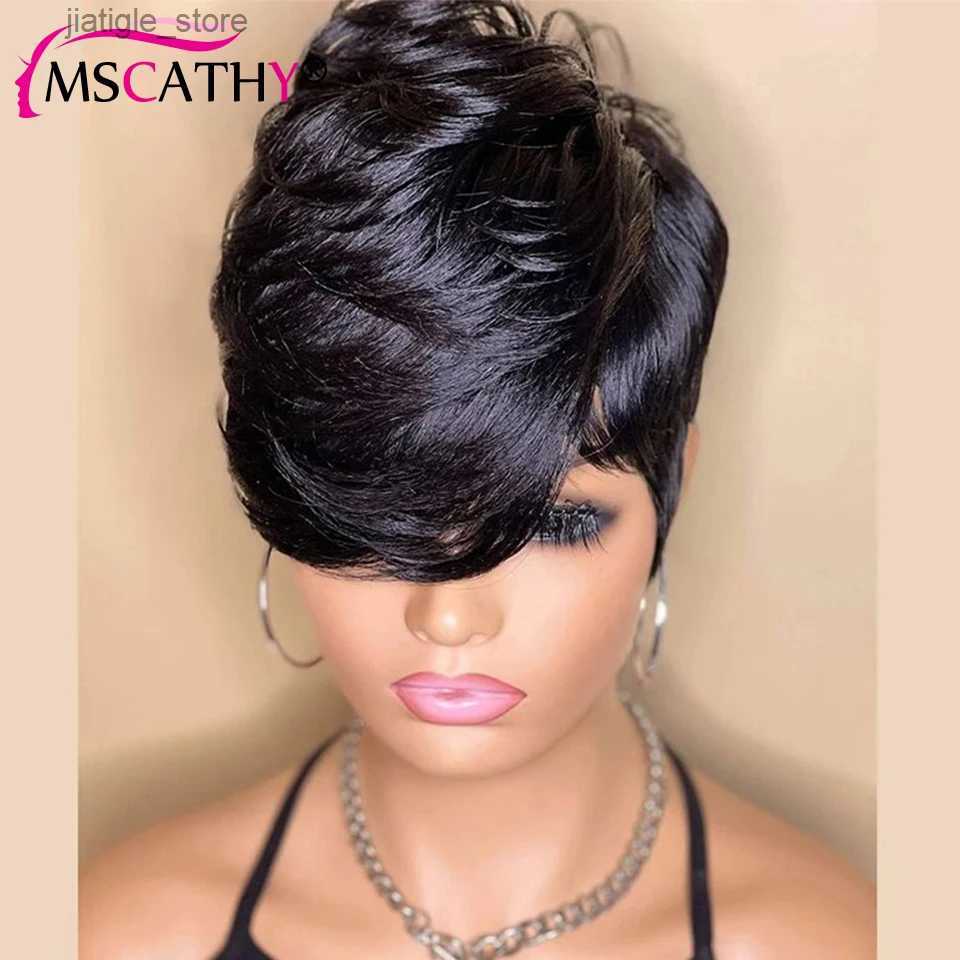 Synthetic Wigs Mini Pixie cut Remy human hair wig ready to wear glue free straight natural color full machine made Bob wig with bangs Y240401