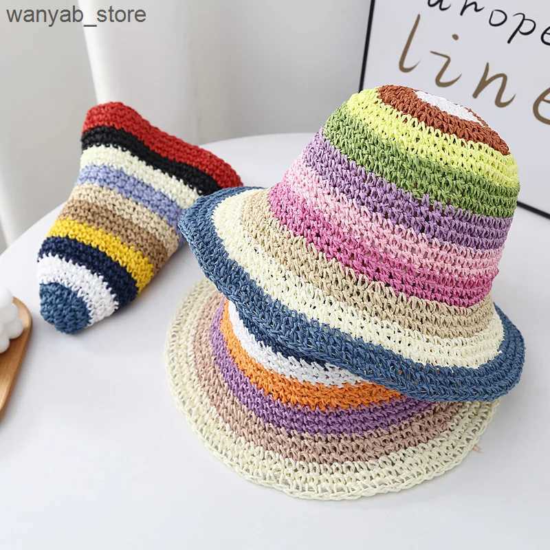 Wide Brim Hats Bucket Hats New Popular Summer Beach Bucket Hat Cap For Women Crochet Straw Rainbow Spring Fish Hat Outdoor Female Lady Gift Wholesales