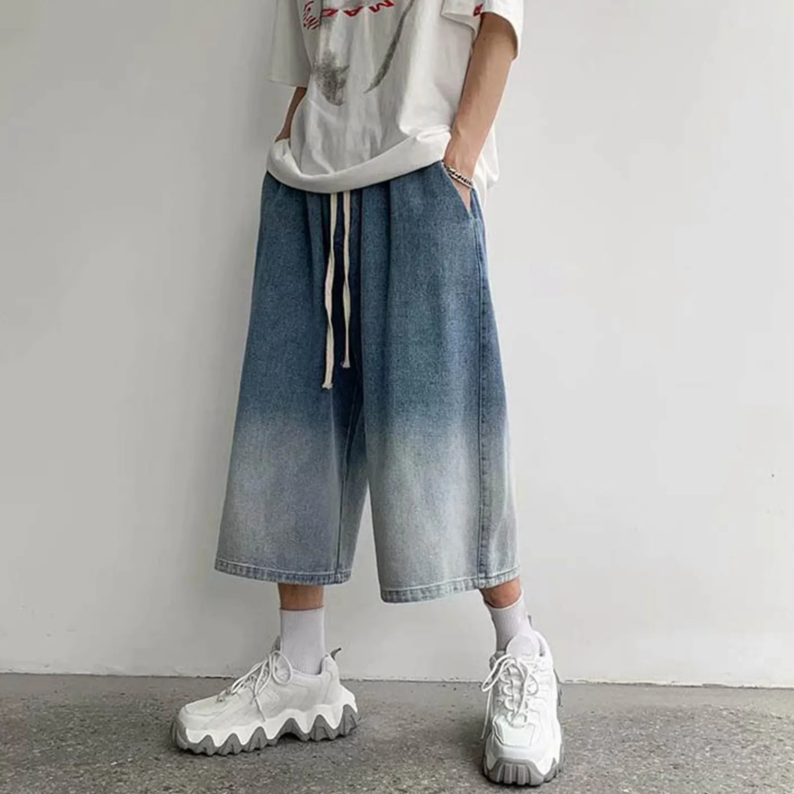 2024 Summer Mens Denim Shorts Casual Elastic Waist Wide Leg Drawstring Baggy Jeans Male 241024
