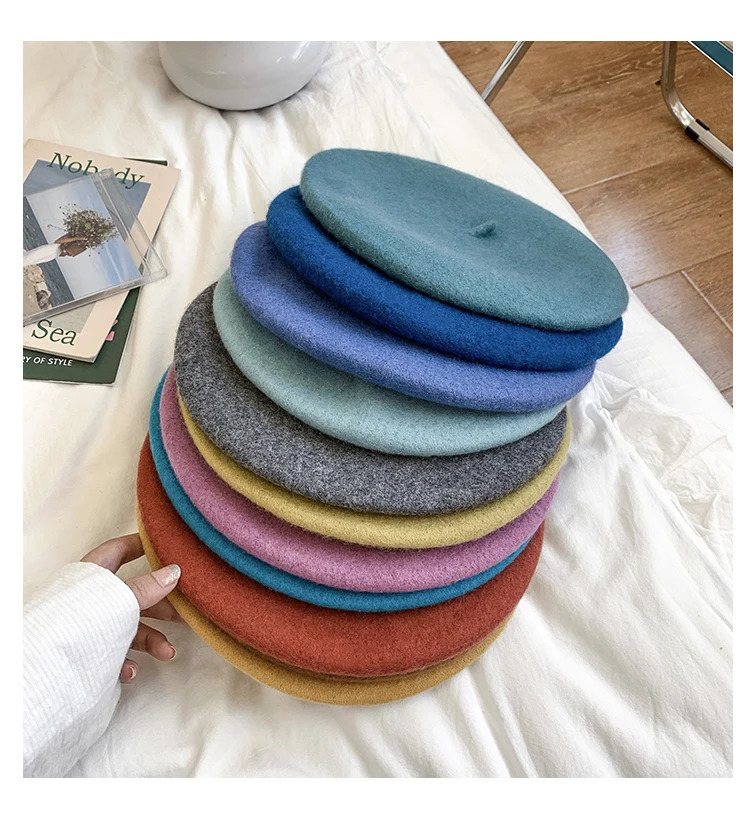 Wool Beret Hat For Women Autumn Winter Retro British Candy Colored Solid Soft Berets Flat Vintage Painter Cap Casual Keep Warm 241031