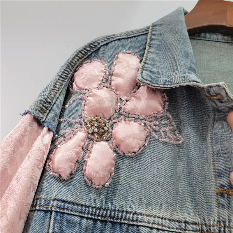 Vintage Frayed Big Pocket Embroidery Splice Denim Jacket Women Loose Short Cowboy Outerwear Long Sleeve Jeans Jacket Coat Female 241031