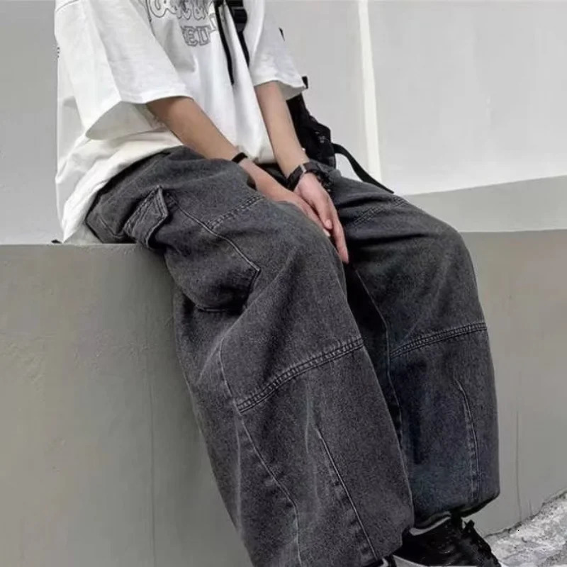 2024 Spring Autumn Men Baggy Jeans Men Wide Leg Pants Big Pockets Elastic Waist Streetwear Trousers Male Loose Denim Pants 241031