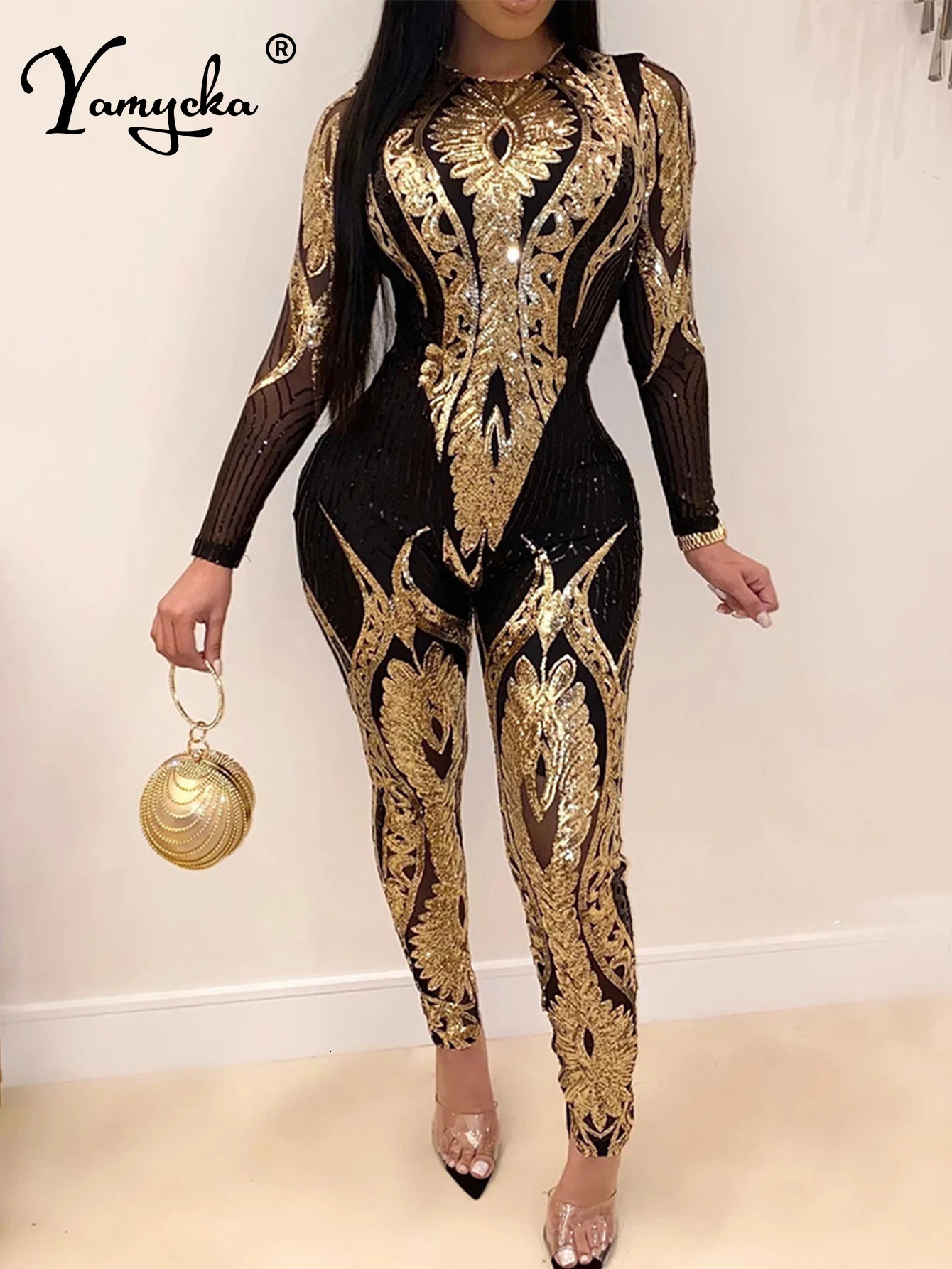 Sexy Long sleeve Sequin bodycon jumpsuit women body bodysuit one piece birthday party nightclub outfits womens jumpsuits overall 241031