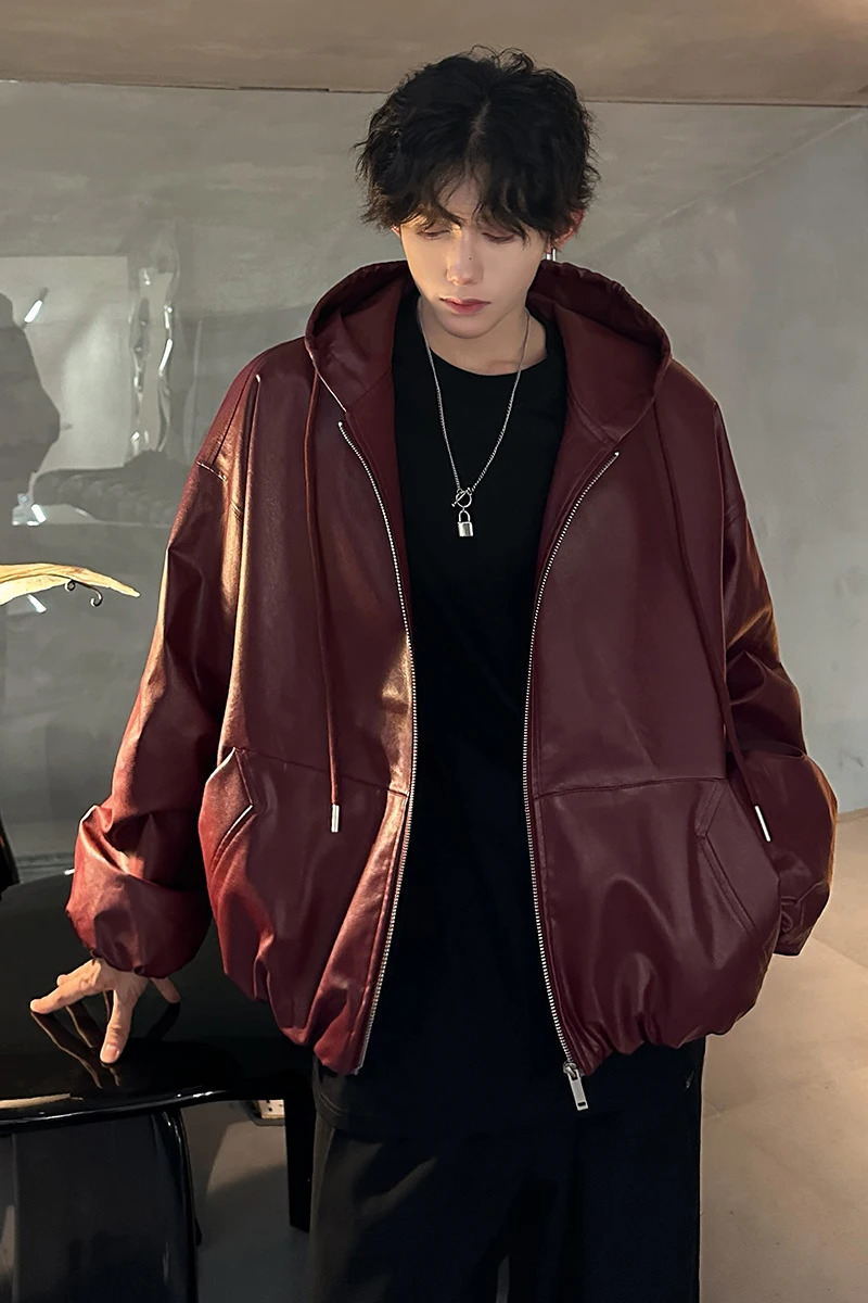 Oversized retro loose Pu leather puff sleeve short sleeved jacket for mens streetwear mens zipper retro motorcycle jacket 241031