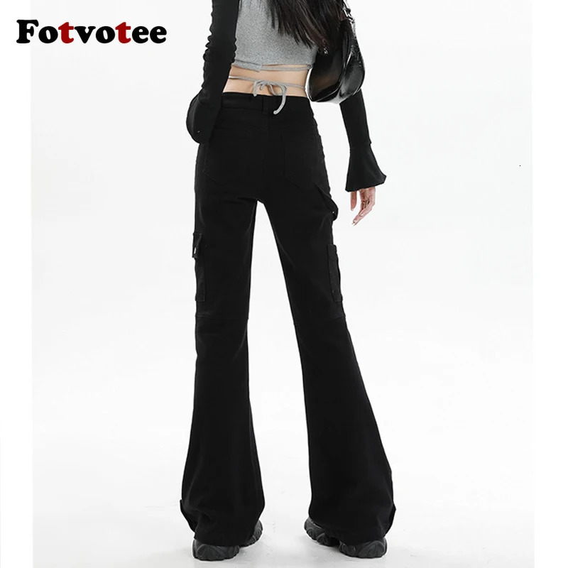 Fotvotee Cargo Pants Women Pocket Zipper Slim Flare Pants Stretch Korean Fashion Streetwear Spice Vintage Y2k Pants 241031