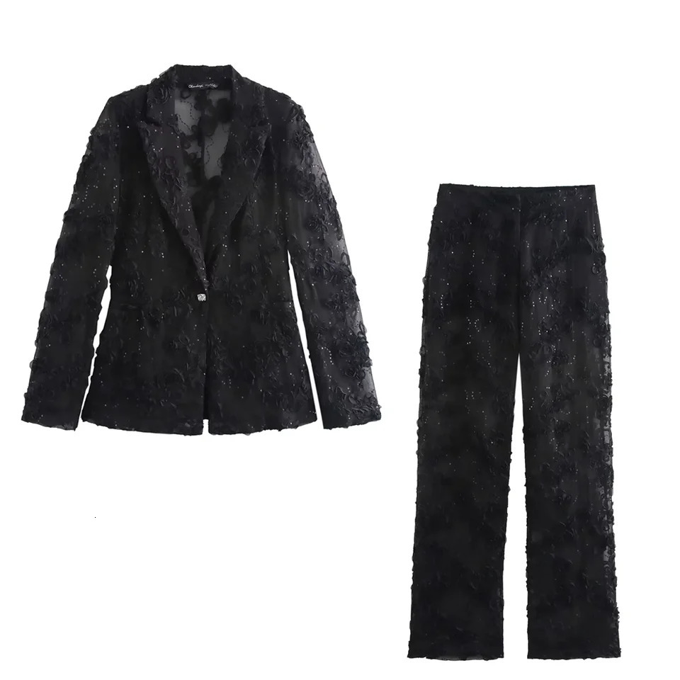 Kar Otza Autumn womens embroidery bead decoration texture semi transparent slim fit suit jacket long pants set 241031