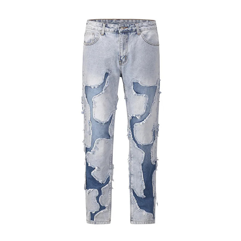 Streetwear Swag Style Blue Frayed Jeans Pants for Men Retro Washed Ripped Casual Tapered Denim Trousers Slim Fit Y2k Jean Male 241024