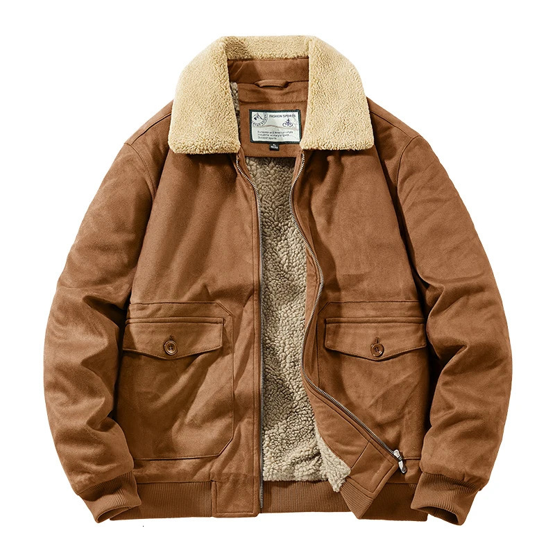 Autumn Winter Suede Jacket Fleece Men Fur Collar Leather Coat Male Thicken Warm Bomber Windbreaker Parkas 241031