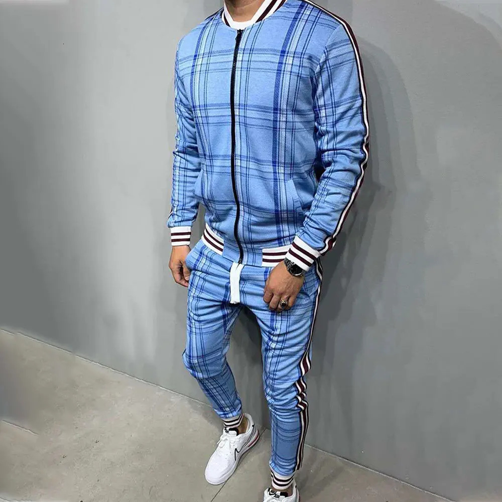 Plaid Tracksuit Mens Sets Gentleman Jacket Sportswear Male 3D Print 2 Piece Set Sport Suit Sweatpants Chandals Man Clothes 241031
