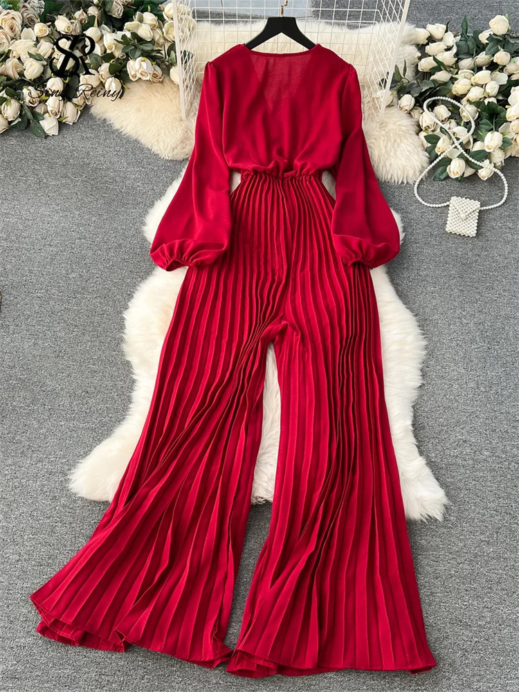 SINGREINY V Neck Jumpsuits for Women Long Puff Sleeve Belt Loose Wide Legs Pleated Pants Streetwear Fashion OL Bodysuits 241031