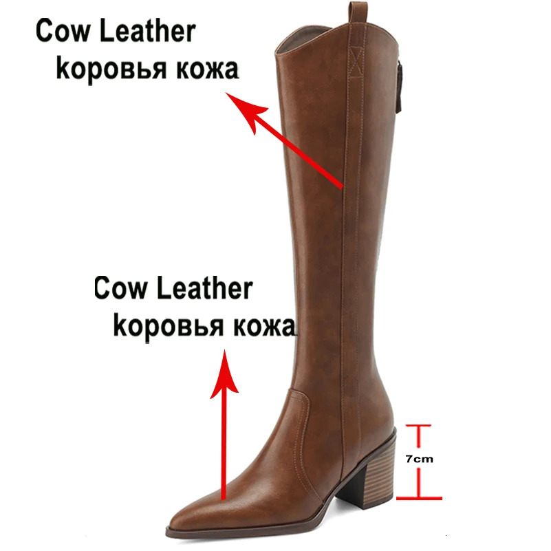 Meotina Women Genuine Leather Knee High Cowgirl Boots Pointed Toe Thick High Heels Zipper Western Gogo Boots Ladies Shoes Winter 241031