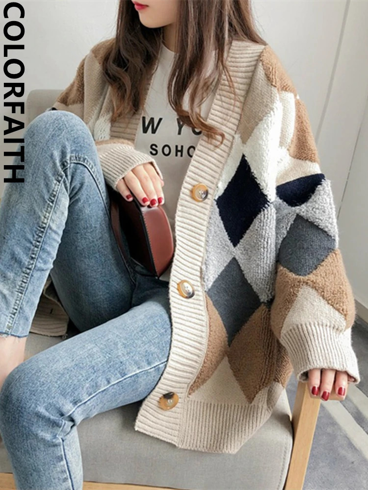 Colorfaith Plaid Chic Cardigans Button Puff Sleeve Checkered Oversized Womens Sweaters Winter Spring Sweater Tops SW658 241031