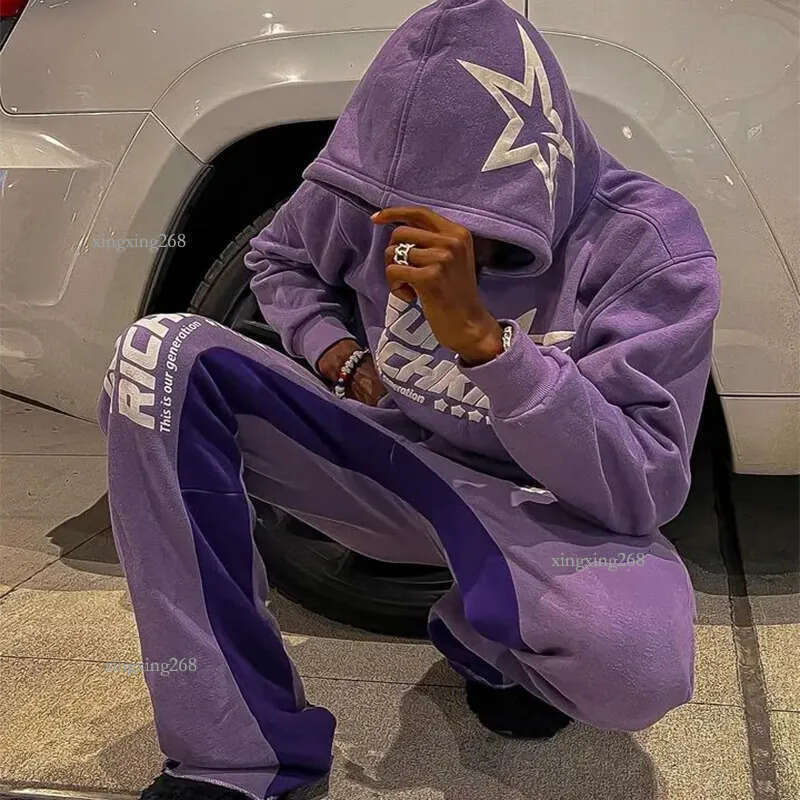 Trendy Men's Sportswear Star Letter Print High Street Hip Hop Men's Sports Casual Hoodie Flared Sweatpants Two Piece Set Streewear
