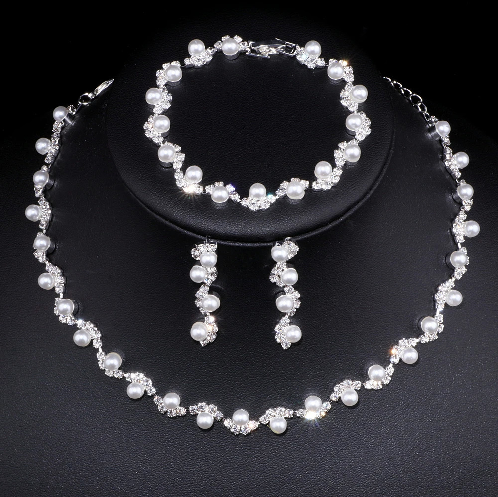 Latest Simulated Pearl Bridal Wedding Jewelry Set Elegant Crystal Necklace Earrings Bracelet Set Womens Party Accessories WX040 241031