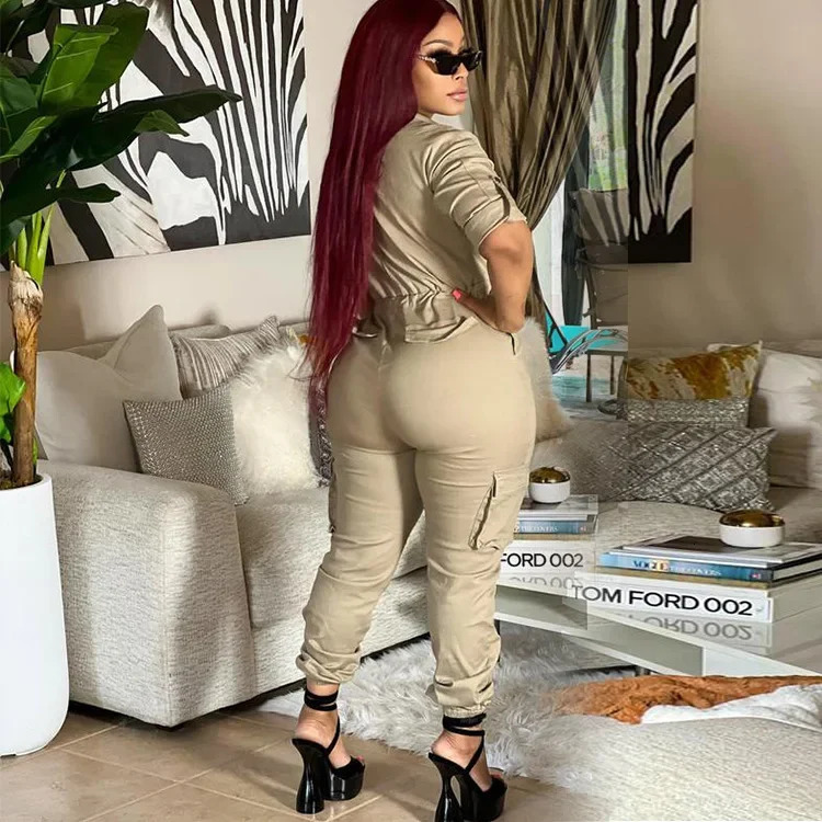 Tight Waist Jumpsuits Women Work Overalls Casual Half Sleeve Summer One Piece Pocket Long Cargo Pants Rompers Long Bodysuit 241031