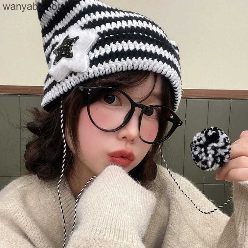 Wide Brim Hats Bucket Hats Cute Ear Knitted Hat For Women Winter Warm Pullover Cap Plush Ball Striped Sweater Beanie Korean Girl Star Woolen Crochet B
