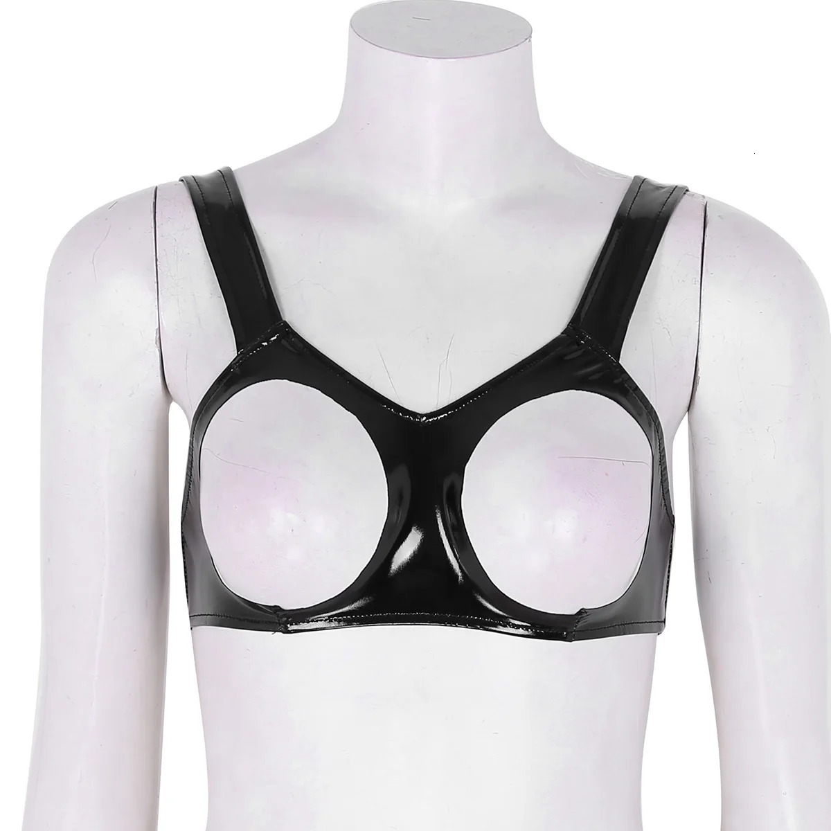 Womens Sexy Bare Chested Lingerie Set Patent Leather Underwear Suit Open Cups Bra Tops with Crotchless Briefs Nightwear Clubwear 241031