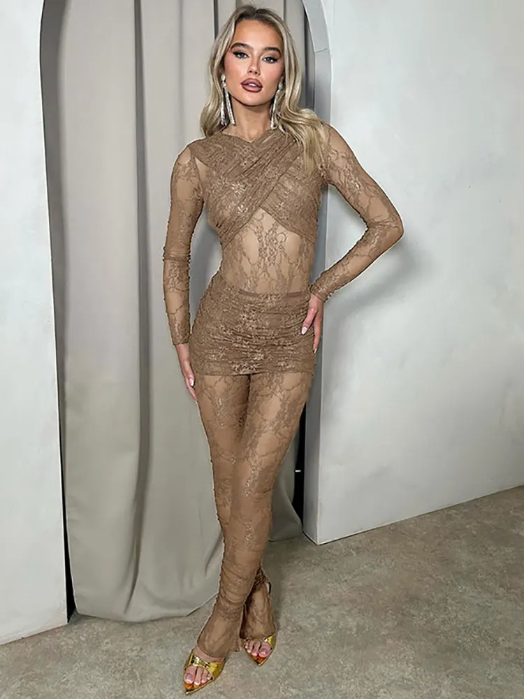 GACVGA 2024 Lace Jumpsuits for Women Long Sleeve See Through Romper With Skirts Two Piece Set Sexy Party Club Jumpsuit 241031