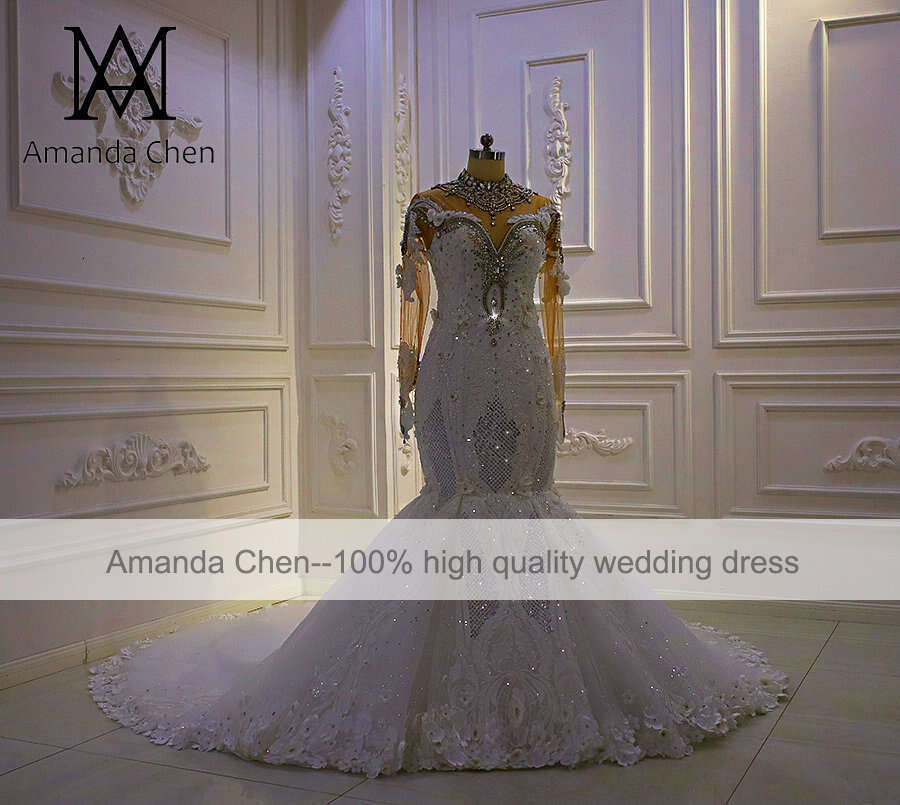 robe femme Full Sleeve Rhie Crystal Mermaid Handmade Wedding Dress