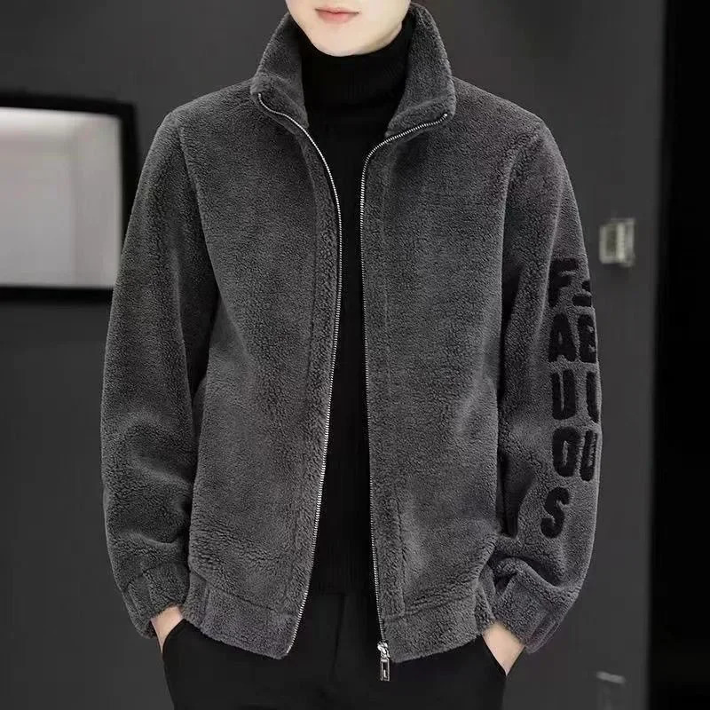 Autumn and Winter Mens Fleece Standing Neck Jacket Embroidered Sweater Leather Wool Lamb Coat Clothes Top 241031