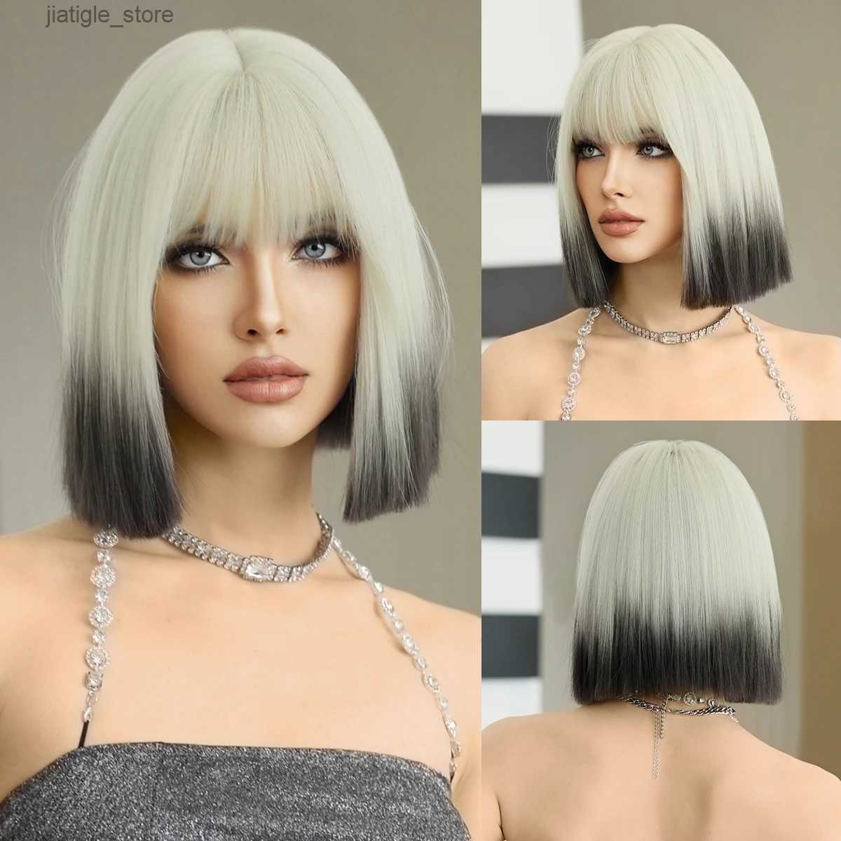 Synthetic Wigs NAMM Short Beige Wigs With Bangs Natural Synthetic Hair Wig for Women Daily Cosplay Lolita Party Hair Tail Dyed Black Wig Y240401