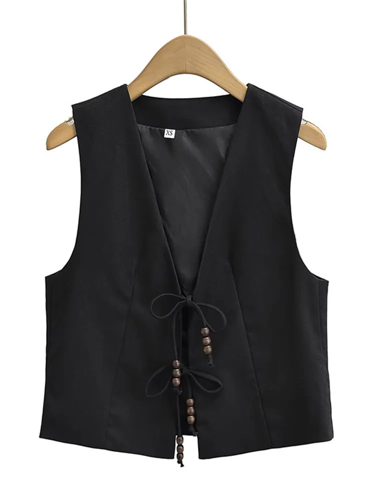 Willshela Women Fashion With Beading Army Green Lace Up Vest Sleeveless Jackets Vintage VNeck Waistcoat Female Chic Tank Tops 241024