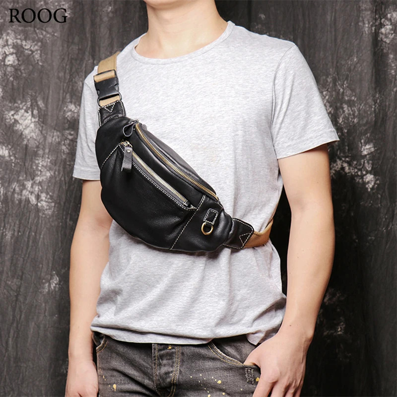 ROOG Stylish Black Genuine Leather Chest Bag | Versatile MultiPocket Casual Waist Great for Travel and Everyday Use 241029