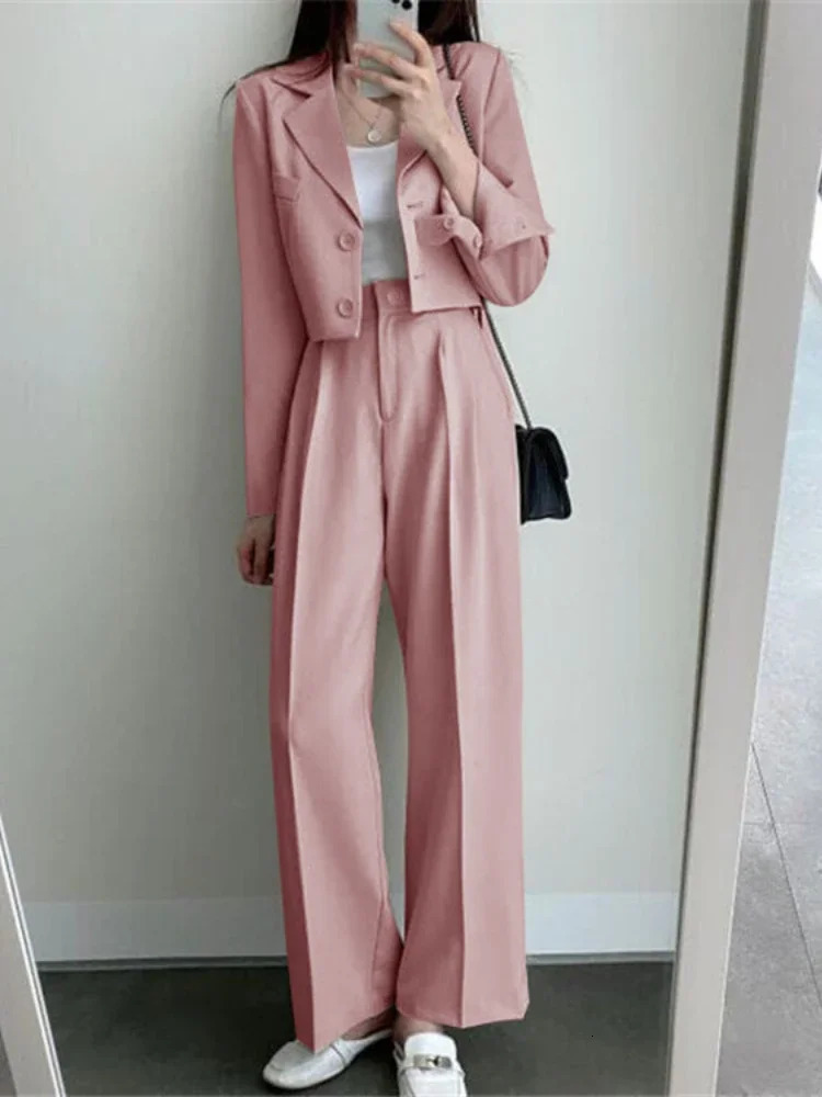 Pants Set Womens Casual Short Blazer Two Piece Sets Girl Outifits Pure Color Office Wear Fashion Pantsuit Spring Autumn 2024 241031