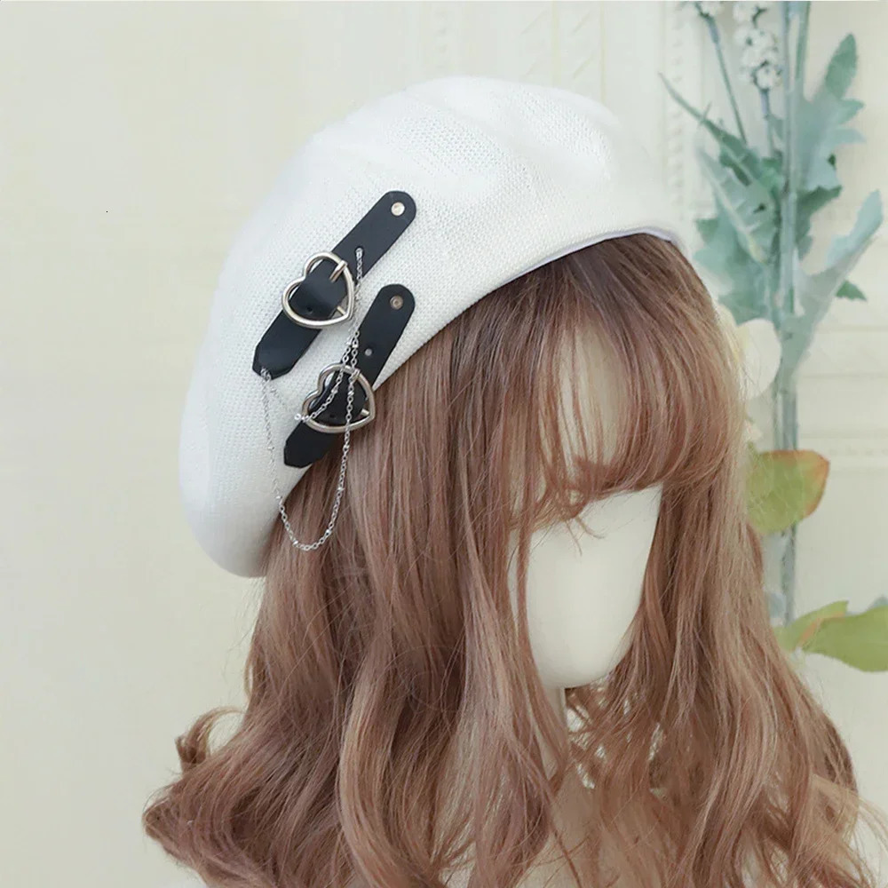 Japanese Beret Harajuku Y2 Fashion Lolita Hat JK Girl Cute PU Chain Heart Love Wool Kawaii Women Accessories 241031