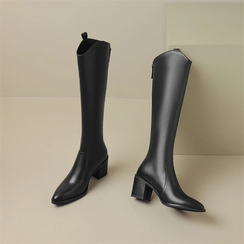 Meotina Women Genuine Leather Knee High Cowgirl Boots Pointed Toe Thick High Heels Zipper Western Gogo Boots Ladies Shoes Winter 241031