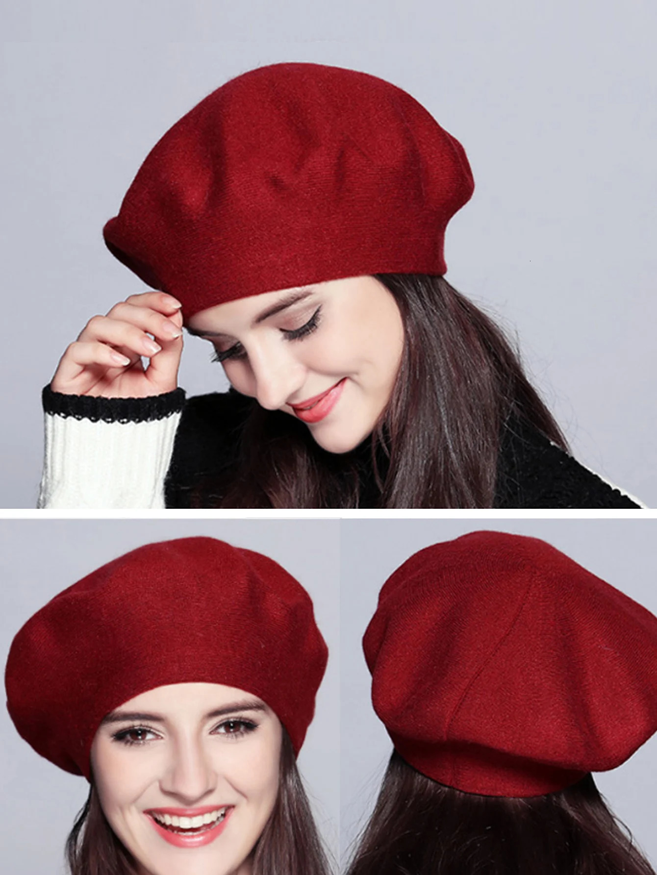 Women Berets Fashion Solid Color Wool Knitted With Ladies French Artist Beanie Warm cap in autumn and winter female hat 241031