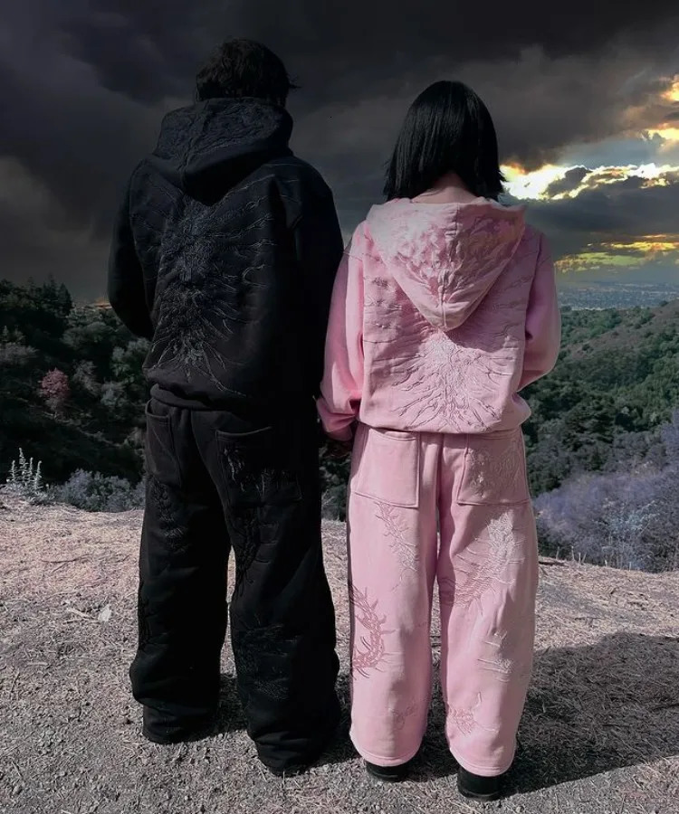 Autumn Ghoul Embroidered Hoodie Suit Street Harajuku Plus Velvet Warm Casual Y2k Winter Clothes Women Traf 241031