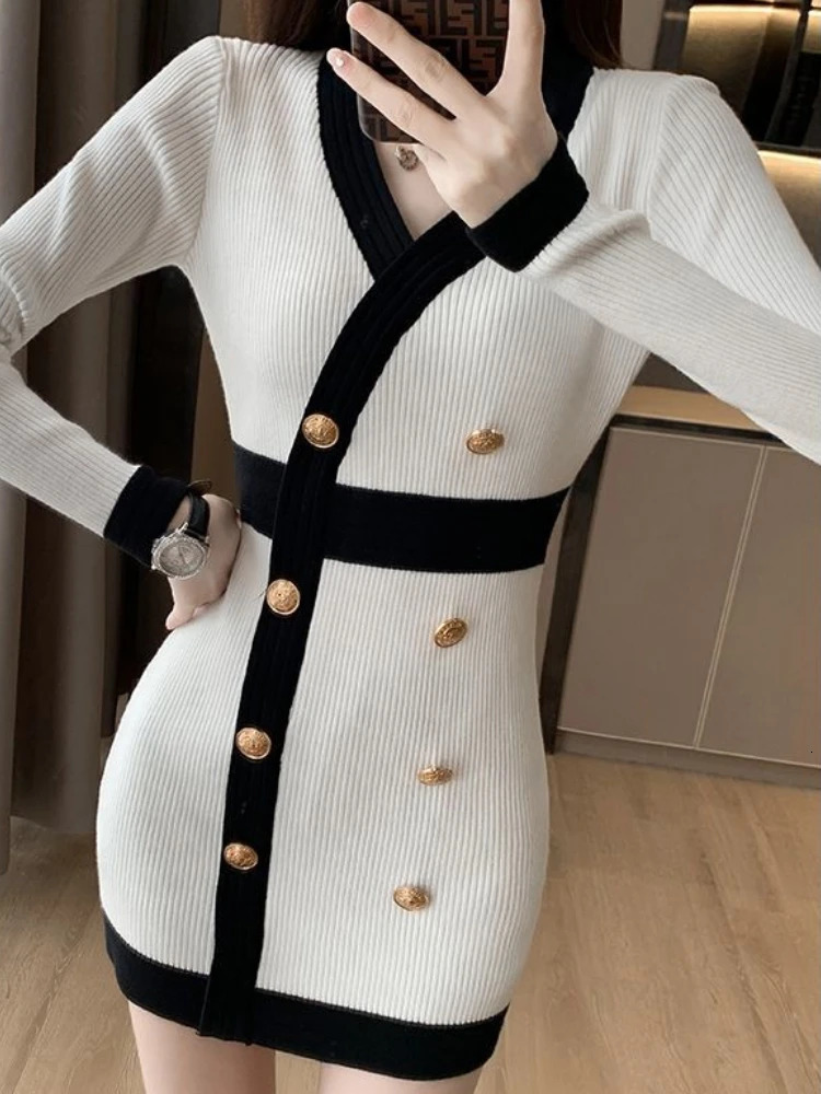 Female Knit Dress Color Matching V Neck Bodycon Short Womens Crochet Dresses Extreme Mini in Elegant Chic Autumn and Winter 241031