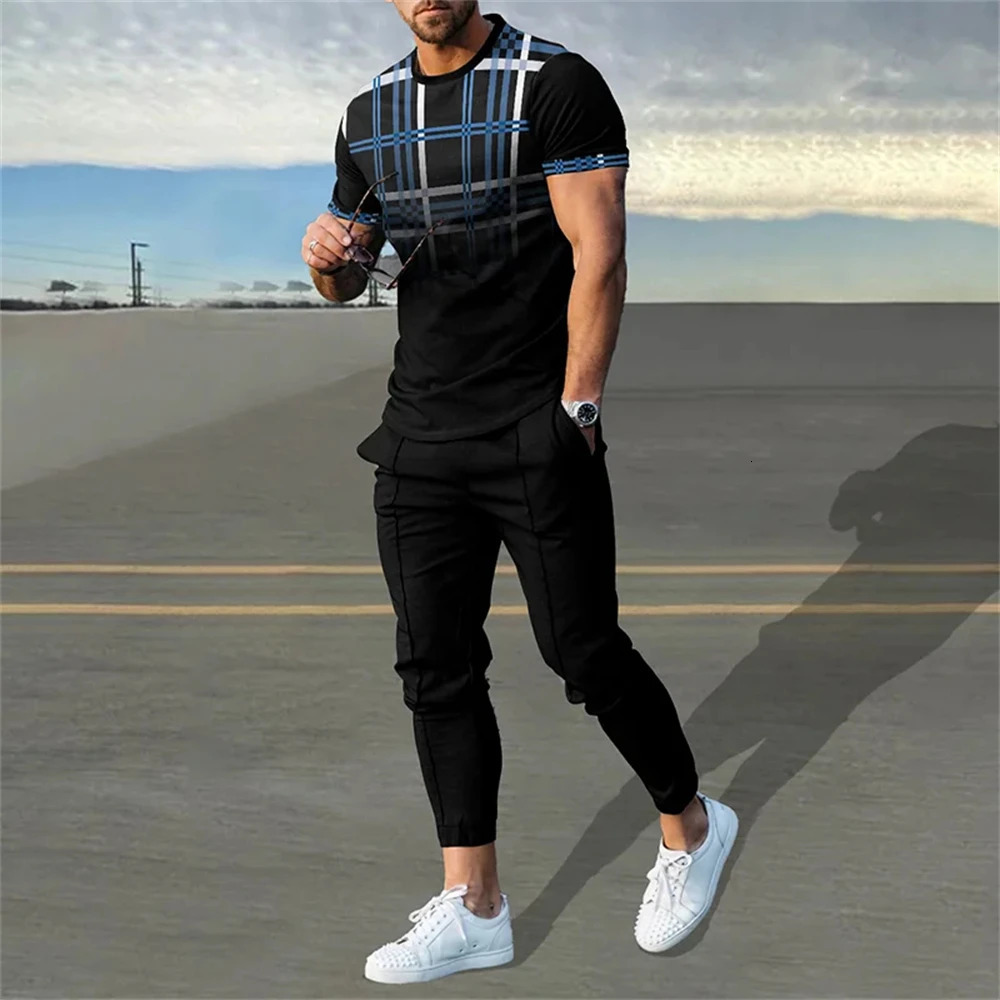 Men TShirt Tracksuit 2 Piece Set Short Sleeve Sportswear Suits Fashion Man Clothing Trousers Casual ONeck Tops Pant Streetwear 241031