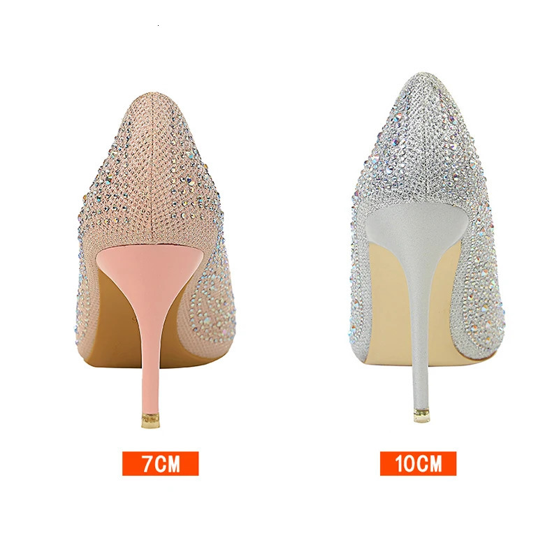 Women Glitter Rhinestone Thin High Heels Pumps Bride White Silver Heels Crystal Wedding Shoes Plus Size 241031