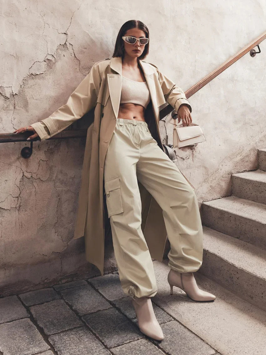 Bornladies Cargo Pants Women 100% Cotton Casual Elastic Waist Loose Baggy Pants Shirring Legs Streetwear Long Trousers 241031