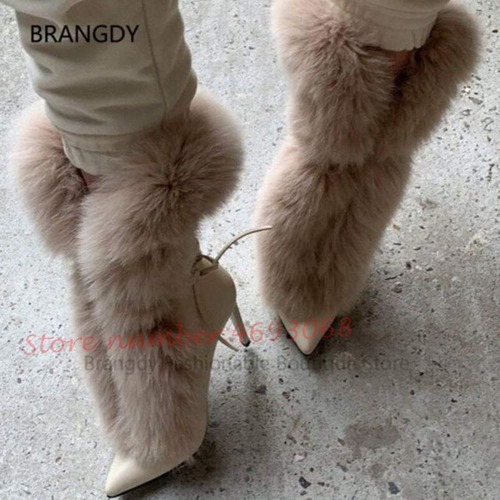 Fluff Pointy Women Ankle Newest White Fur High Stiletto Heels Lace-Up Short Boots Female Slip On Fashion Shoes 241110